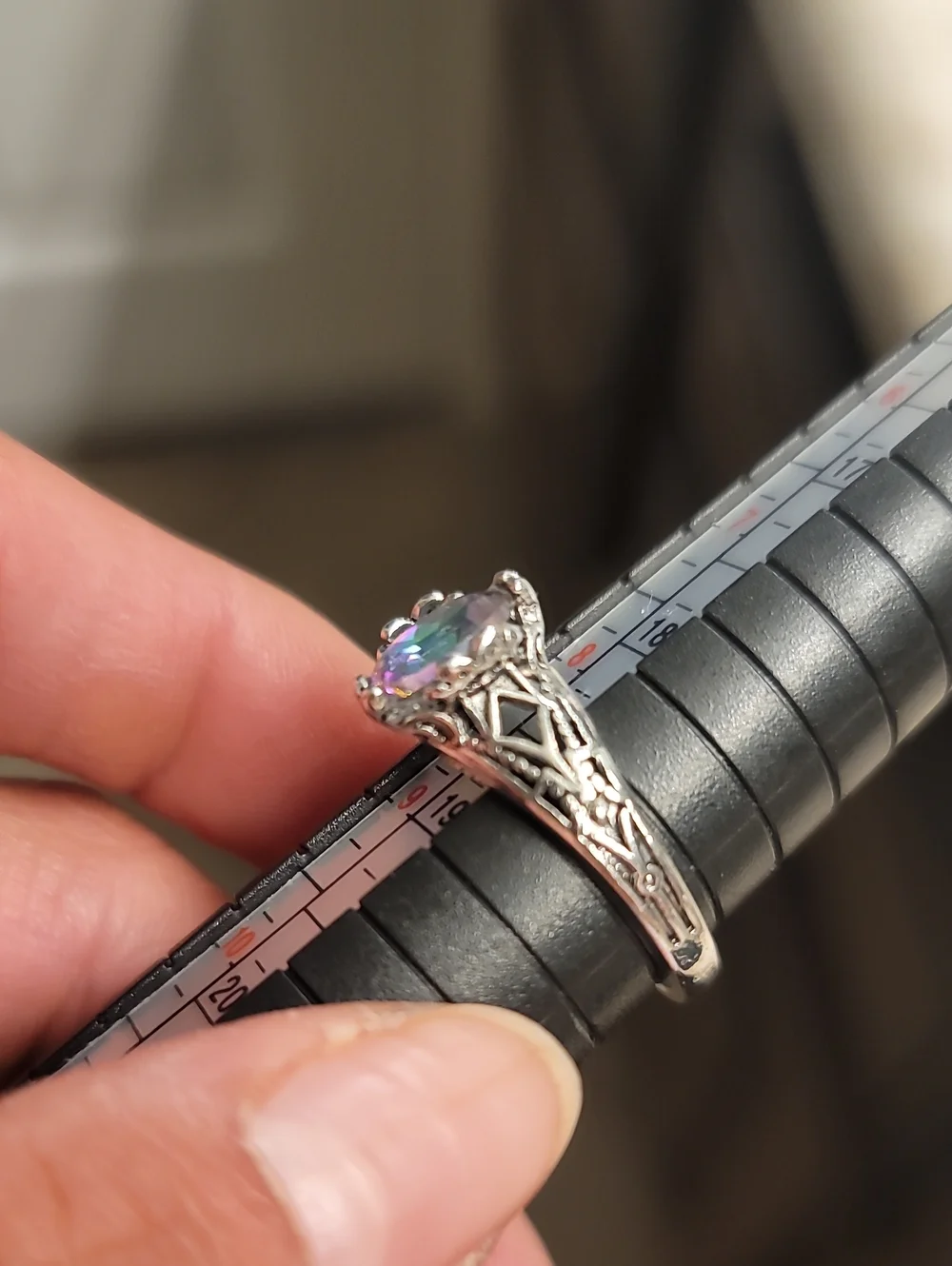 Stainless Steel Silver Plated Filigree Ring with Mystic Topaz/ Oil Spill Stone